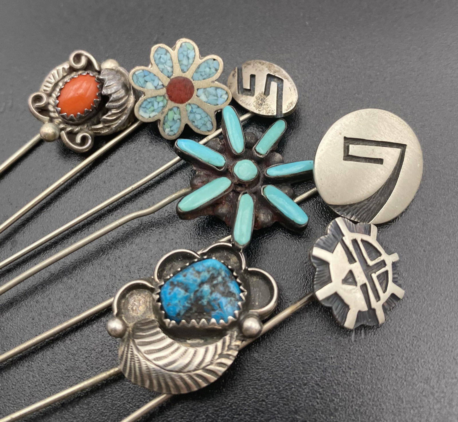 NAVAJO STERLING TURQUOISE RED CORAL HATPINS (1 of 5)