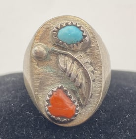 NATIVE AMERICAN STERLING TURQUOISE RED CORAL RING