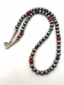 STERLING NAVAJO PEARL BEADED TURQUOISE NECKLACE