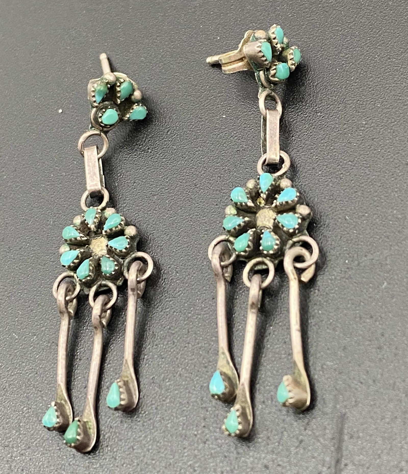 "RY" ZUNI STERLING TURQUOISE CLUSTER EARRINGS (1 of 3)