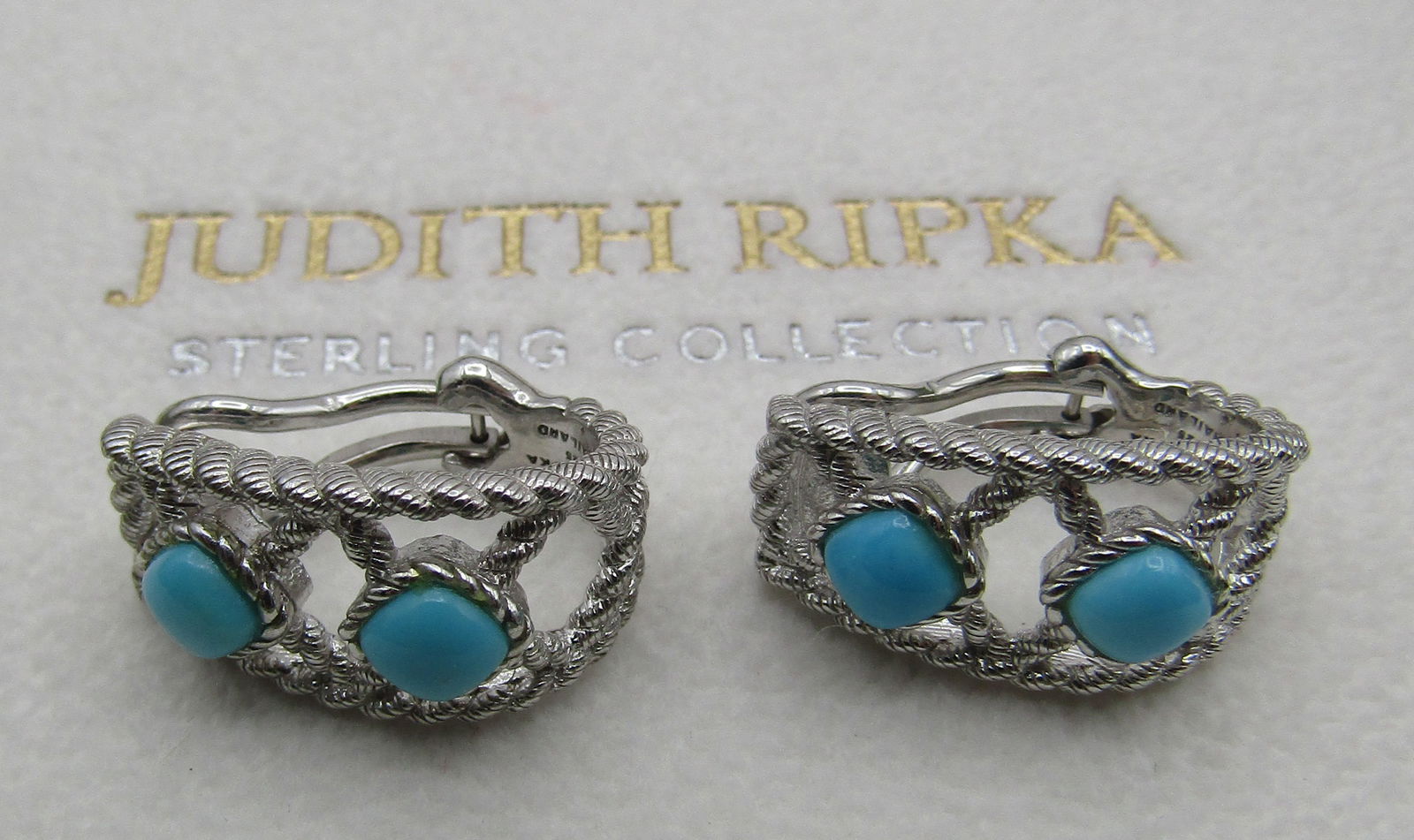 JUDITH RIPKA TURQUOISE EARRINGS STERLING SILVER: AUTHENTIC SIGNED "JUDITH RIPKA 925": MEASURE 20MM BY 11MM. WEIGH 7.3 GRAMS. EXCELLENT LIKE NEW, NEVER USED CONDITION. USA SHIPPING $5.
