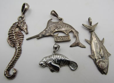4 SEALIFE CHARMS STERLING SILVER FISH PENDANTS
