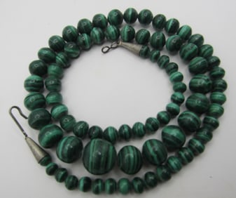 23" GENUINE 10MM MALACHITE BEAD NECKLACE STERLING