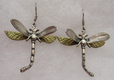 3D DRAGONFLY EARRINGS STERLING SILVER & BRASS