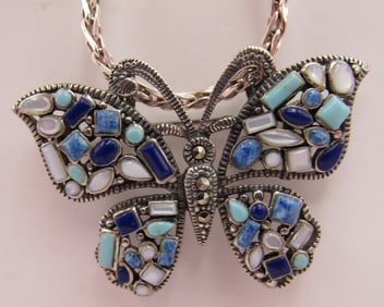 TURQUOISE MOP LAPIS BUTTERFLY NECKLACE STERLING