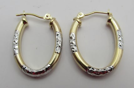 14K GOLD HOOP EARRINGS DIAMOND CUT WHITE & YELLOW
