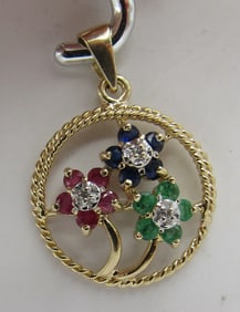14K GOLD RUBY EMERALD SAPPHIRE DIAMOND CHARM