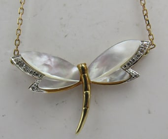 14K GOLD 19" MOP DIAMOND DRAGONFLY NECKLACE