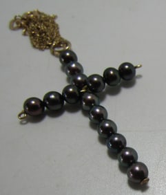 18" BLACK PEARL CROSS PENDANT NECKLACE 10K GOLD