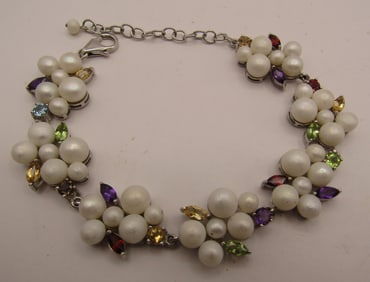9.5" BRACELET STERLING SILVER PEARL MULTI GEMSTONE