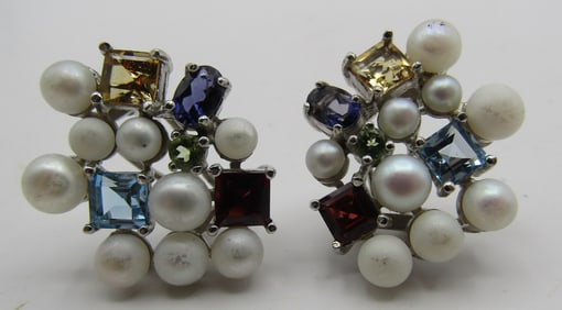 MULTI GEMSTONE EARRINGS STERLING SILVER PEARL