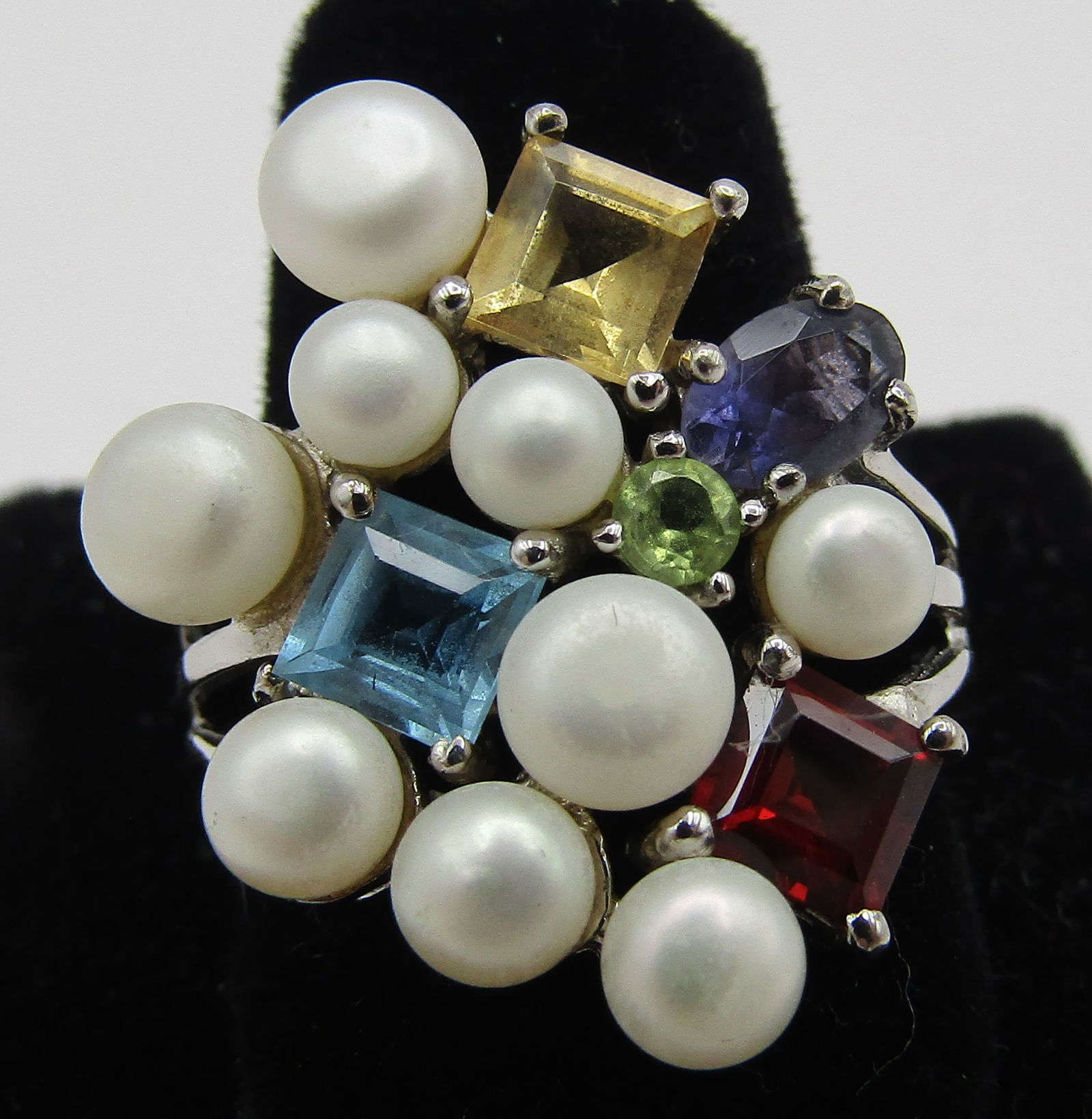 MULTI GEMSTONE RING STERLING SILVER PEARL SIZE 9 (1 of 4)