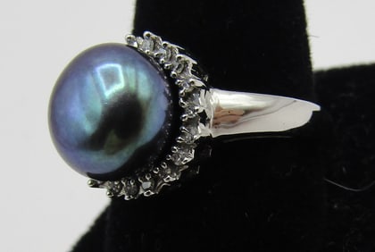 11MM BLACK PEARL 20 DIAMOND RING 10K GOLD