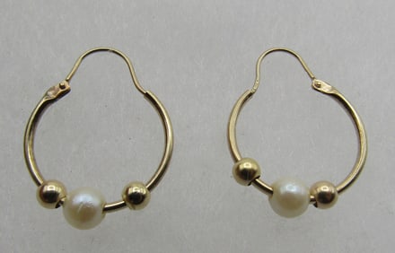 14K GOLD PEARL HOOP EARRINGS