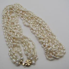 14K GOLD 32" 6 STRAND PEARL NECKLACE