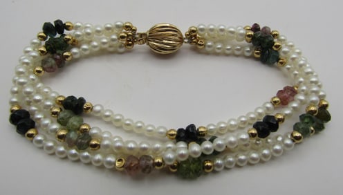 14K GOLD 4 STRAND PEARL & TOURMALINE BRACELET 7.5"