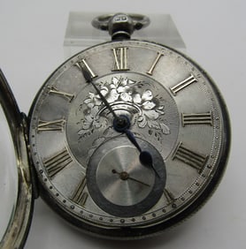 1861 STERLING SILVER POCKET WATCH W GOLD DETAILS