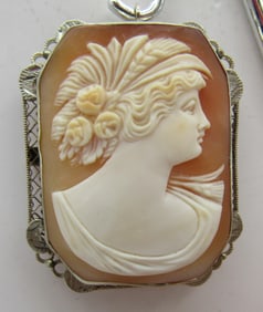 14K GOLD ANTIQUE CAMEO PIN PENDANT FILIGREE