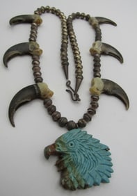 BEAR CLAW TURQUOISE EAGLE & BEAD NECKLACE STERLING