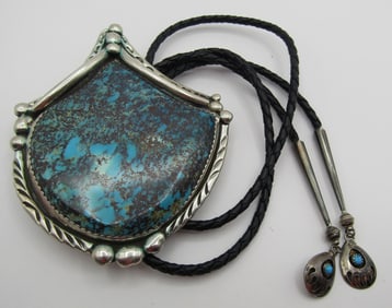 JUMBO TURQUOISE BOLO TIE NECKLACE STERLING SILVER