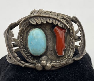 OLD RED CORAL TURQUOISE NAVAJO STERLING BRACELET
