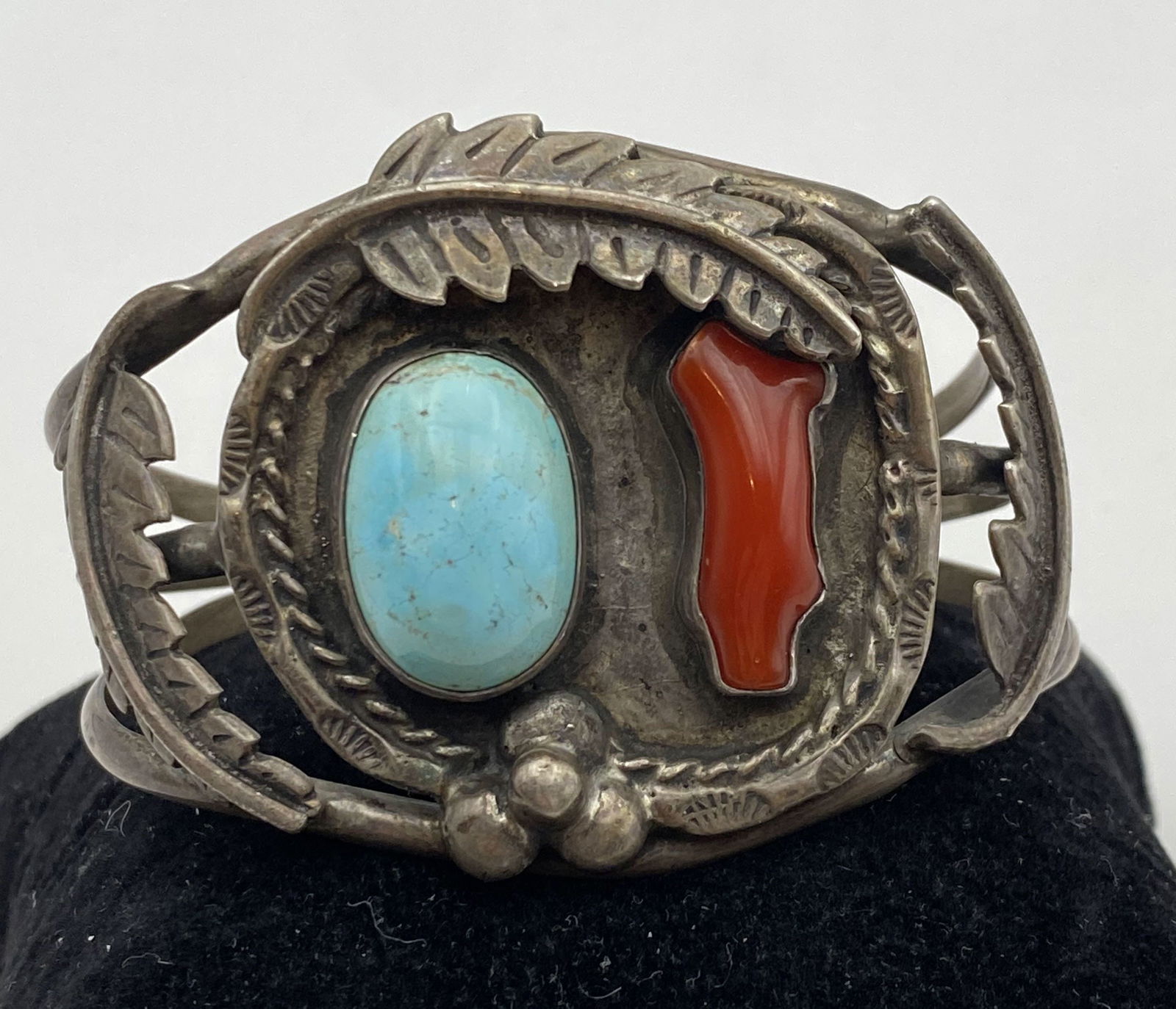 OLD RED CORAL TURQUOISE NAVAJO STERLING BRACELET
