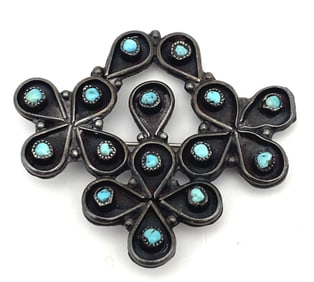 OLD PETIT POINT ZUNI TURQUOISE STERLING PIN BROOCH