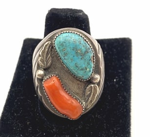 VINTAGE RED CORAL TURQUOISE STERLING NAVAJO RING