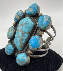 WOW 95 GRAM 3" STERLING TURQUOISE CLUSTER BRACELET