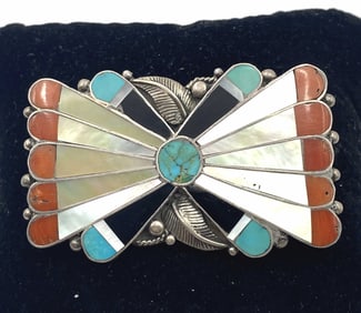 VINTAGE NAVAJO SIGNED STERLING PIN TURQUOISE CORAL