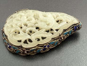 2.75" WHITE JADE ENAMEL FILIGREE SILVER PIN BROOCH