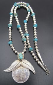 1884 DOLLAR TURQUOISE STERLING BEAD 34" NECKLACE