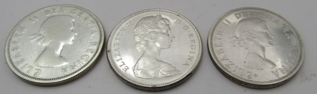 3 CANADIAN SILVER DOLLARS 1962, 1964, 1967