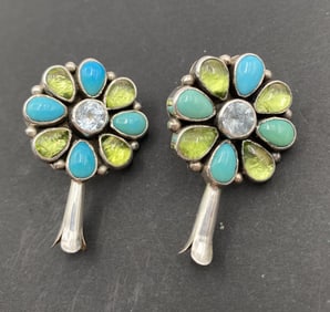 NAVAJO STERLING TURQUOISE SQUASH BLOSSOM EARRINGS