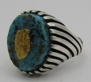 SOLID GOLD NUGGET & TURQUOISE RING STERLING SILVER