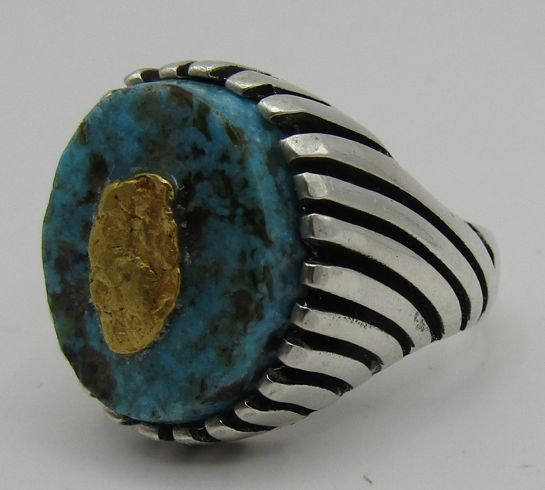 SOLID GOLD NUGGET & TURQUOISE RING STERLING SILVER (1 of 5)