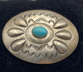 "WS" STERLING NAVAJO TURQUOISE CONCHO PIN BROOCH