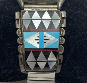 STERLING ZUNI WATCH BAND INLAID TURQUOISE ONYX