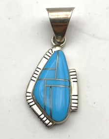 "DJ" ZUNI STERLING TURQUOISE INLAID PENDANT