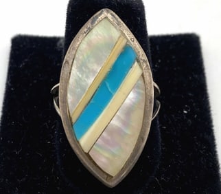 INLAID STERLING TURQUOISE NATIVE AMERICAN RING