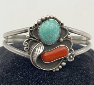 STERLING TURQUOISE RED CORAL BRACELET