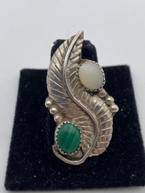 1.5" STERLING MALACHITE SHELL LEAF RING