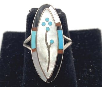 ZUNI TURQUOISE STERLING FLOWER RING RED CORAL ONYX