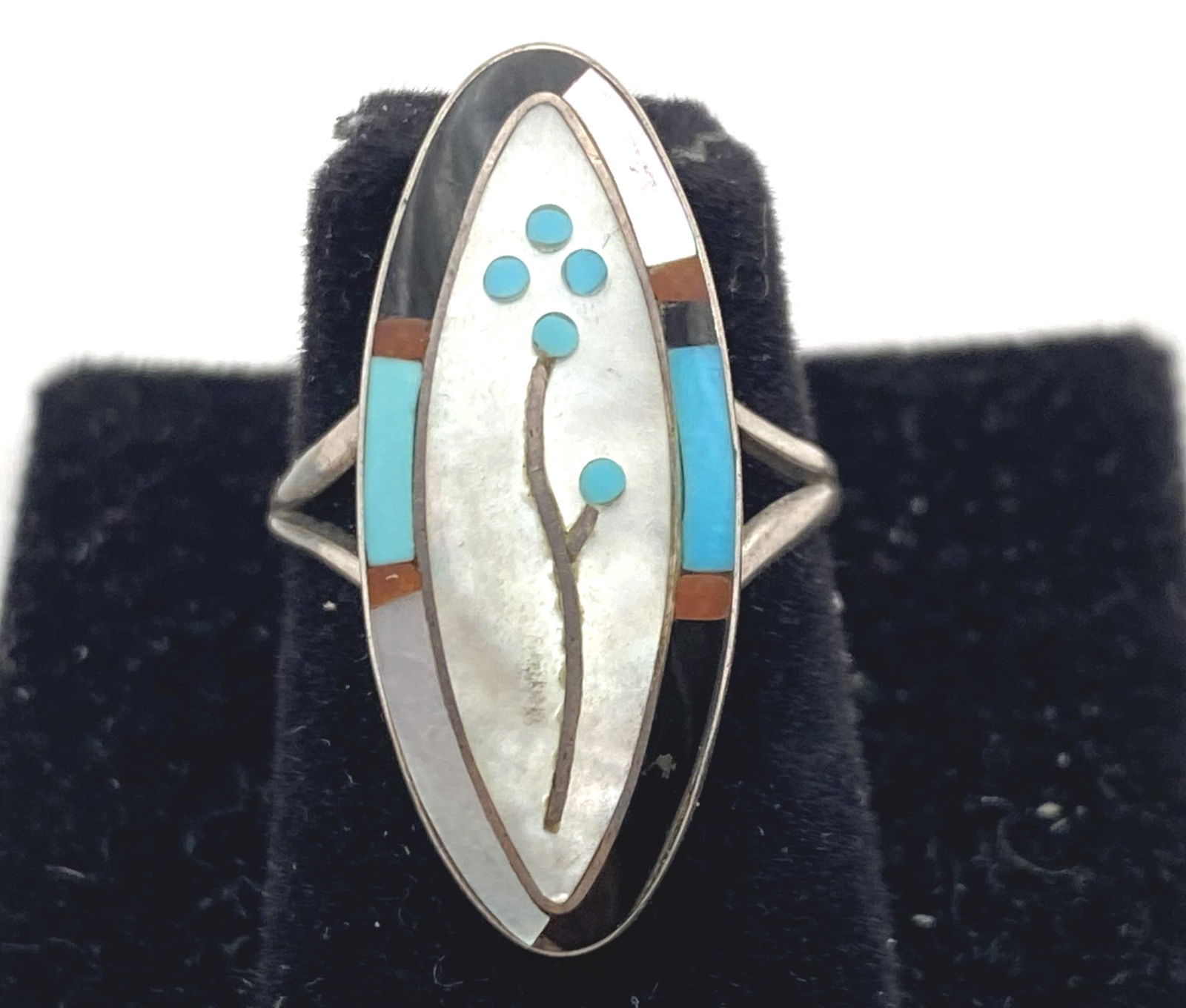 ZUNI TURQUOISE STERLING FLOWER RING RED CORAL ONYX (1 of 3)