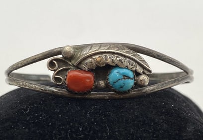 STERLING NATIVE AMERICAN TURQUOISE CORAL BRACELET