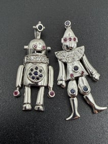 3D MOVABLE CLOWN AND ROBOT CHARM STERLING RUBY