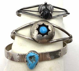 LOT OF 3 NATIVE AMERICAN STERLING CUFF BRACELETS
