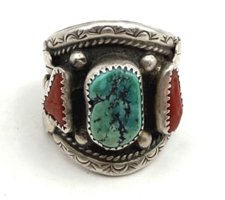 SIZE 11.5 OLD STERLING NAVAJO TURQUOISE CORAL RING