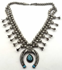 VINTAGE STERLING TURQUOISE SQUASH BLOSSOM NECKLACE