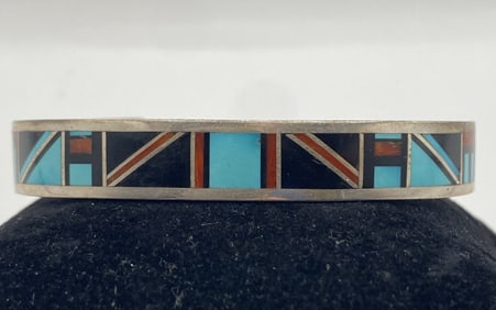 ZUNI STERLING TURQUOISE RED CORAL ONYX BRACELET